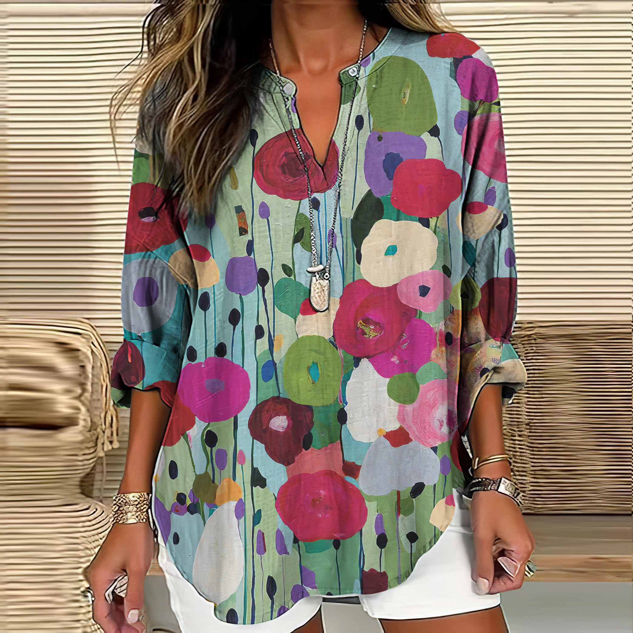 Comstylish Colorful Floral Art Painting V Neck Casual Blouse