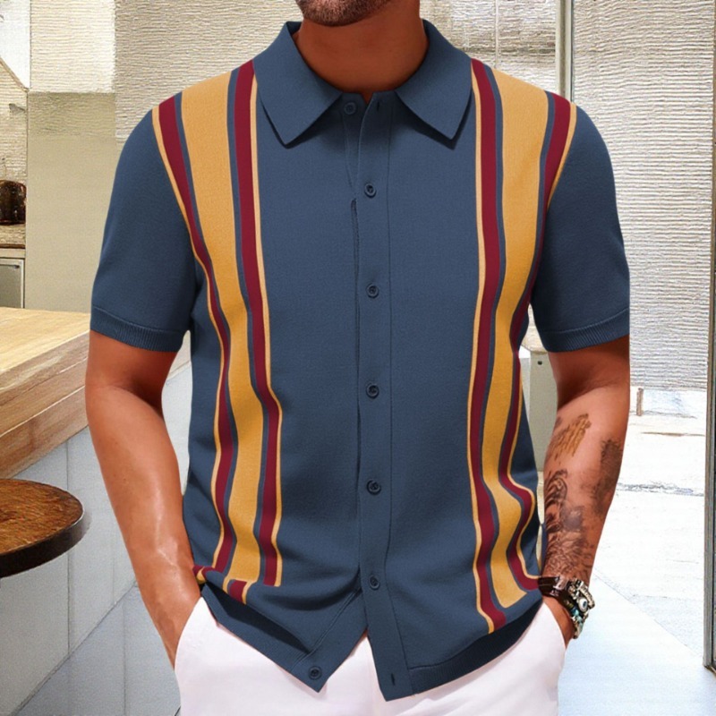 Arkget Shoes | Men's Navy & Multicolor Striped Short-Sleeve Breathable Knit Polo Shirt