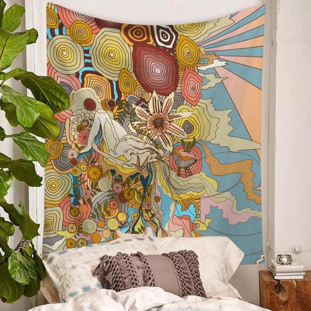 Watercolor Banshee Tapestry Wall Hanging Polyester Thin Section Nordic Girl Bedroom Painting Beach Towel Yoga Mat