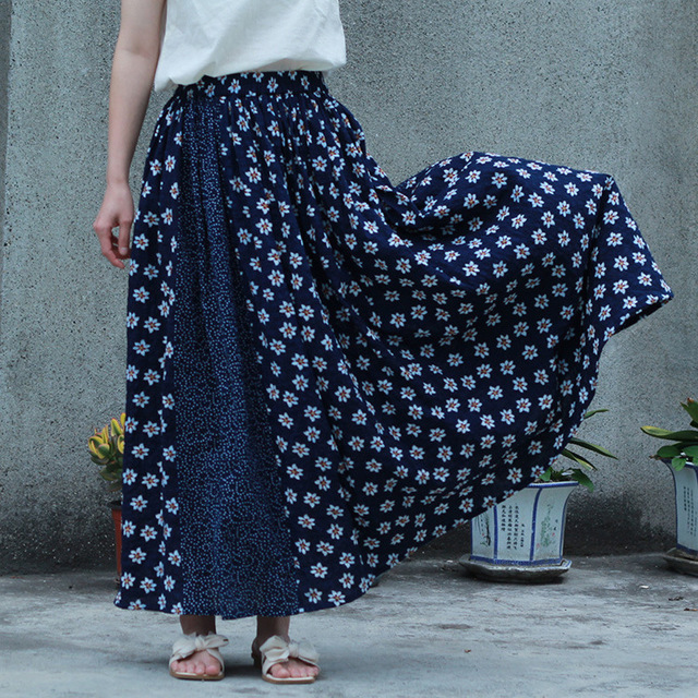 Women Loose Elastic Waist Patchwork Vintage Cotton Linen Skirts