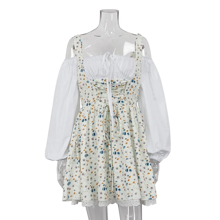 Churchf Churchf Women's Spring / Summer 2024 Bubble Sleeve Strap With Breast Fake Two French Dress Floral Strap Dress