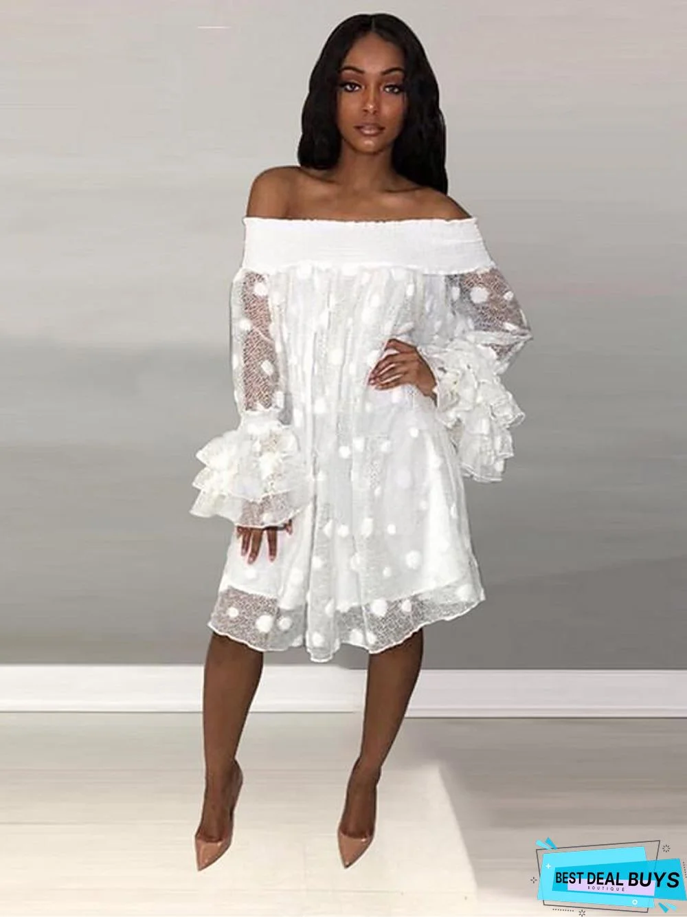 Women's Shift Dress Knee Length Dress Long Sleeve Solid Colored Spring & Summer Hot Elegant White Dresses