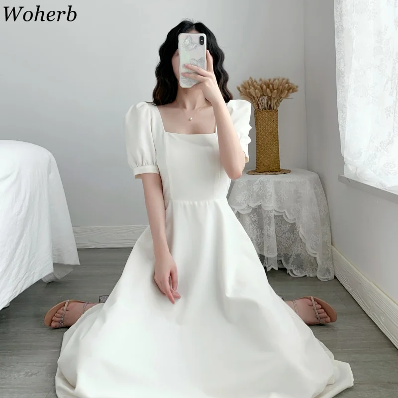 Woherb Temperament Woman Dress Summer Vintage Robe Square Collar Puff ...