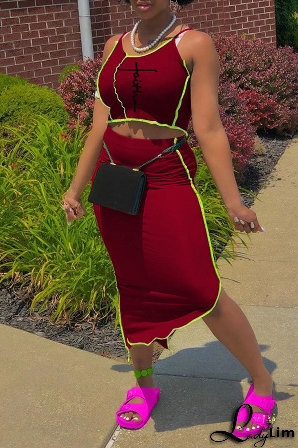 Burgundy Sexy Print Split Joint Asymmetrical Spaghetti Strap Sleeveless Two Pieces