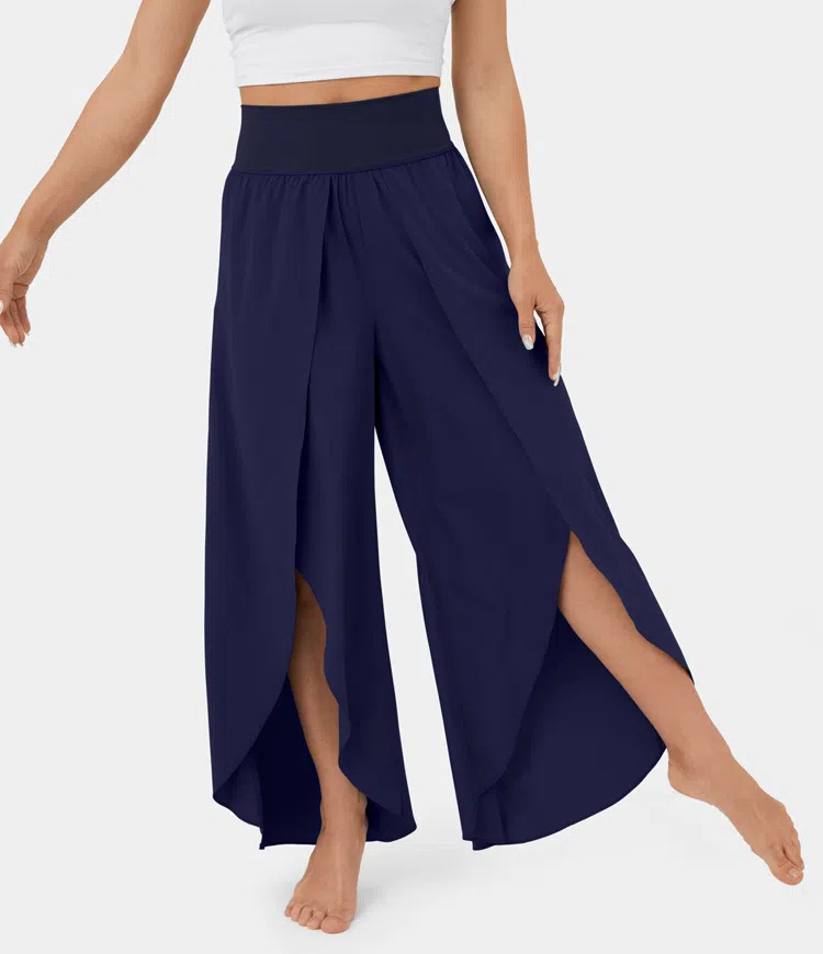 Mature Women Loose Split Yoga Pants Summer Elastic High Waist Wide Leg Trousers