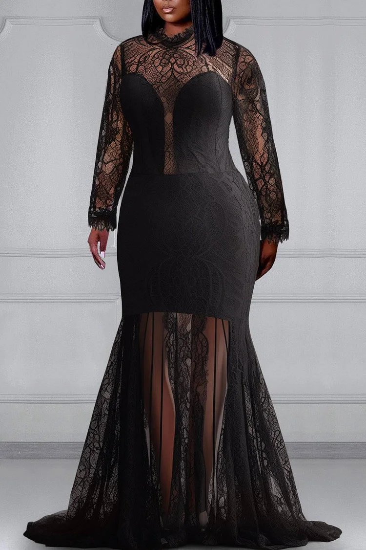 Xpluswear Design Plus Size Party Black Mock Neck Long Sleeve See Through Lace Maxi Dresses [Pre-Order]