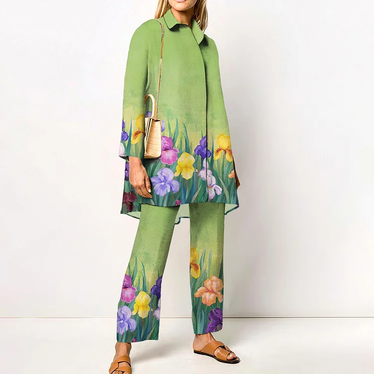 VChics VChics Fashion Floral Printed Color Block Shirt Two Piece Set