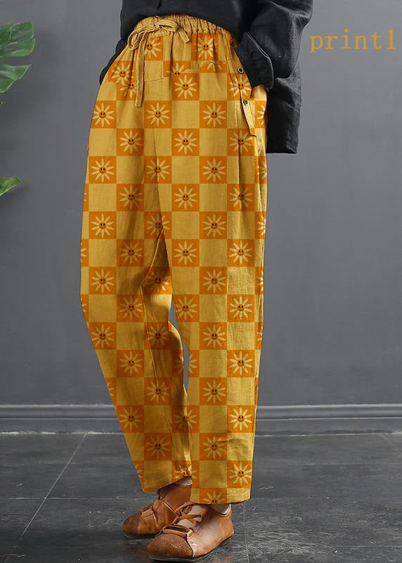 VCSHOES Spring Wide Leg Pants Unique Yellow-print1 Inspiration Elastic Waist Wild Pants