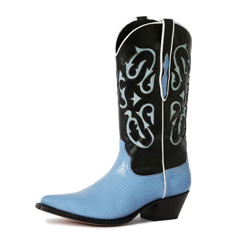 Blue & Black Decor Inlay Lizard Embossed Wide Calf Cowgirl Boots Nicepairs