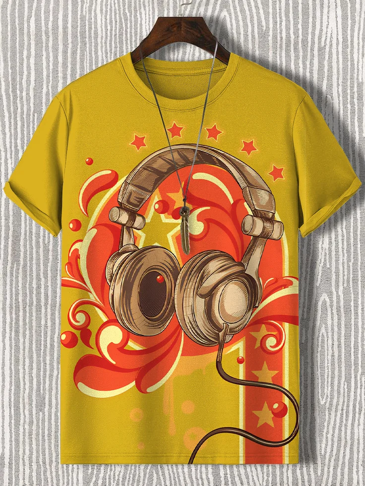 Men's Vintage Headphones Print Casual T-Shirt