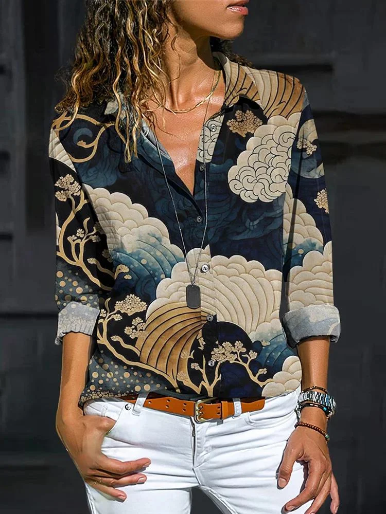 Japanese Art Wave Print Casual Shirt