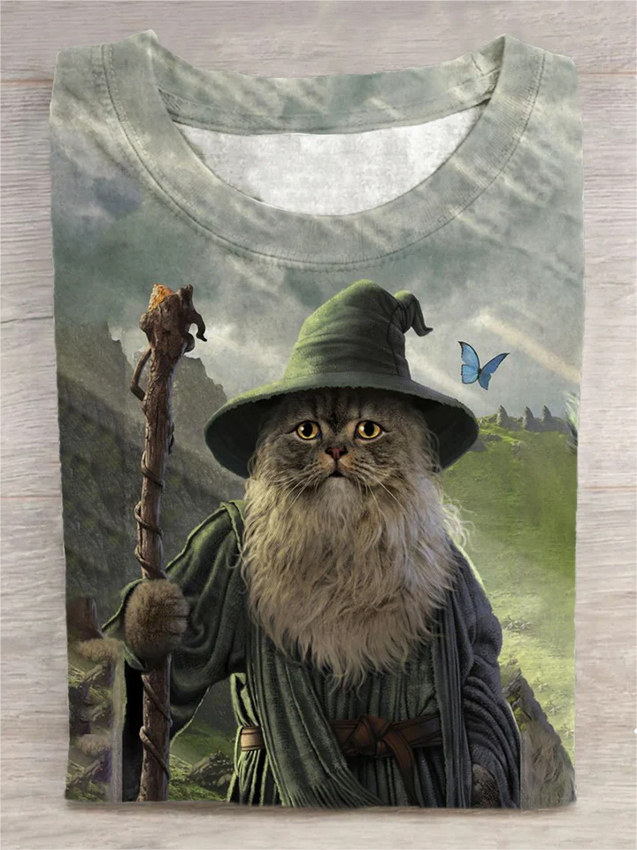 Loose Funny Wizard Cat Art Print Casual T-shirt