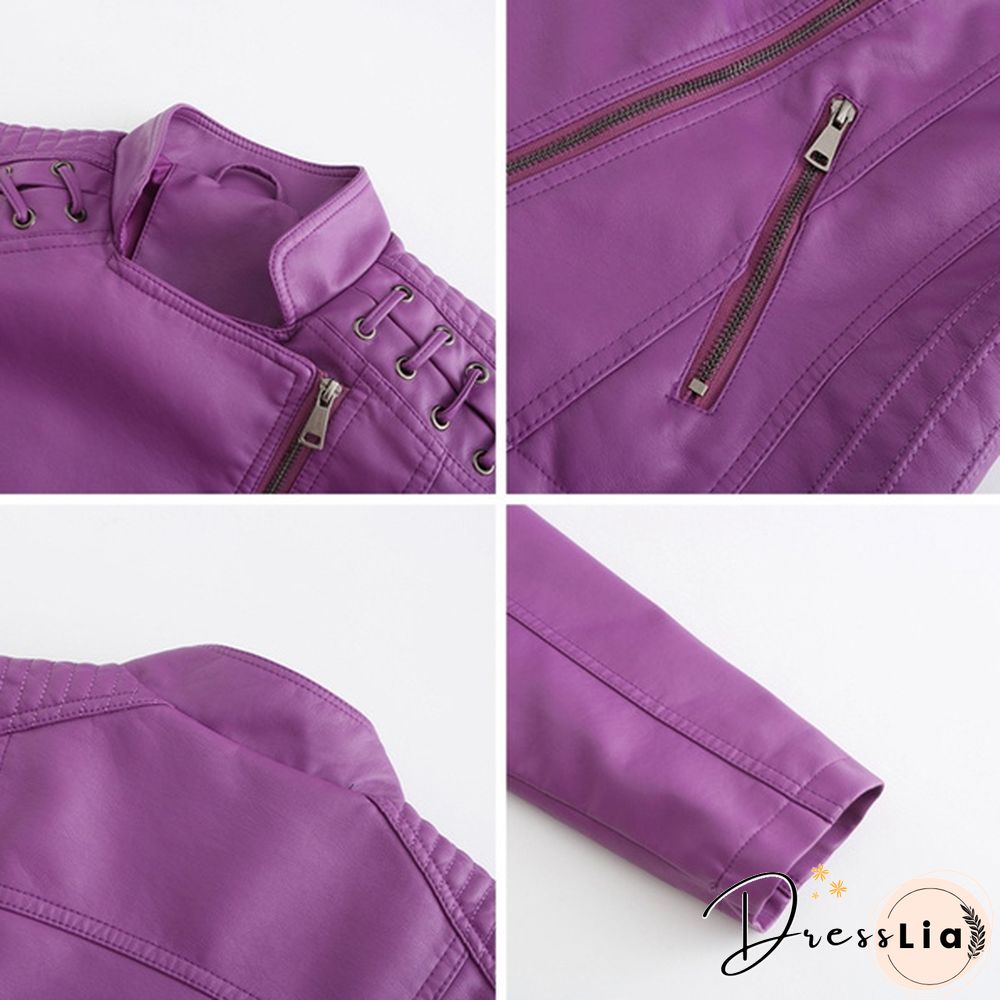 Ladies Fashion Spring and Autumn Short Slim Thin Leather Jacket Motorcycle Suit