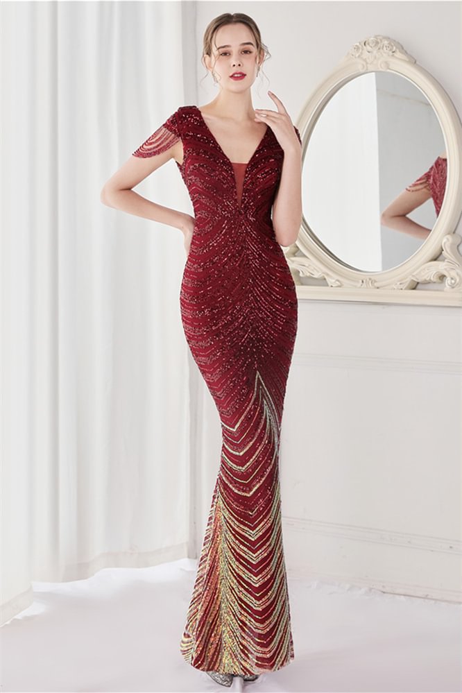 Luluslly Cap Sleeves V-Neck Evening Dress Mermaid Sequins Online