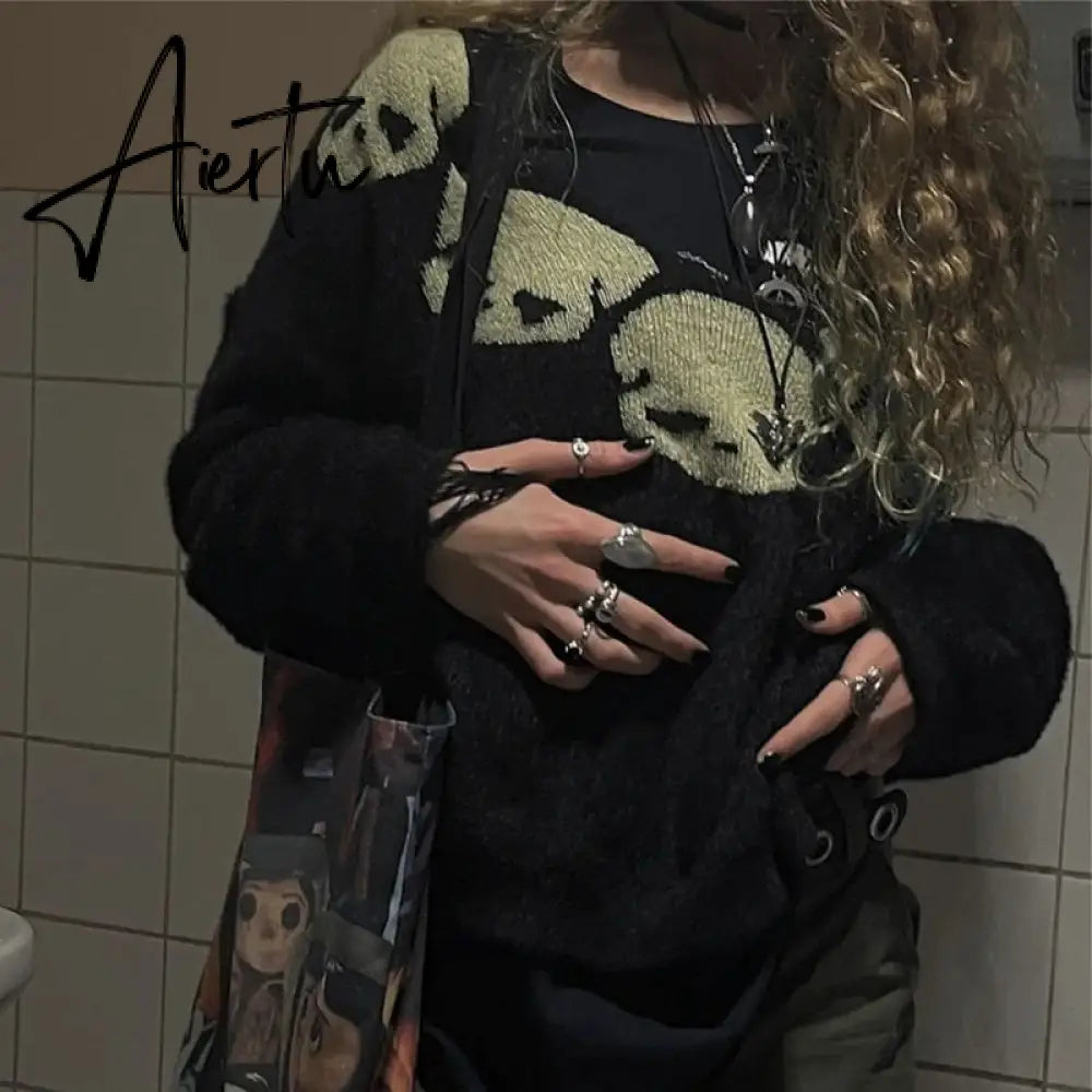 Women Skull Print Long Sleeve Tops Goth Sweater Punk Fairy Grunge Sexy V-Neck Knitted Clothes Pullovers vintage club jumper y2k Aiertu