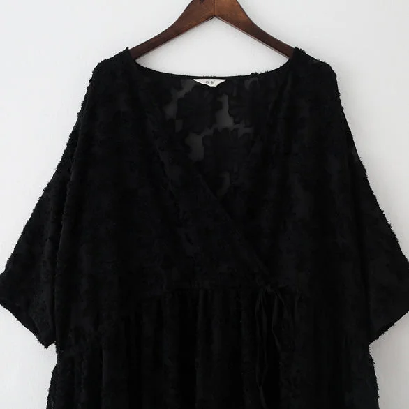 black cross neck lace dresses plus size lace caftans tunic high waist design