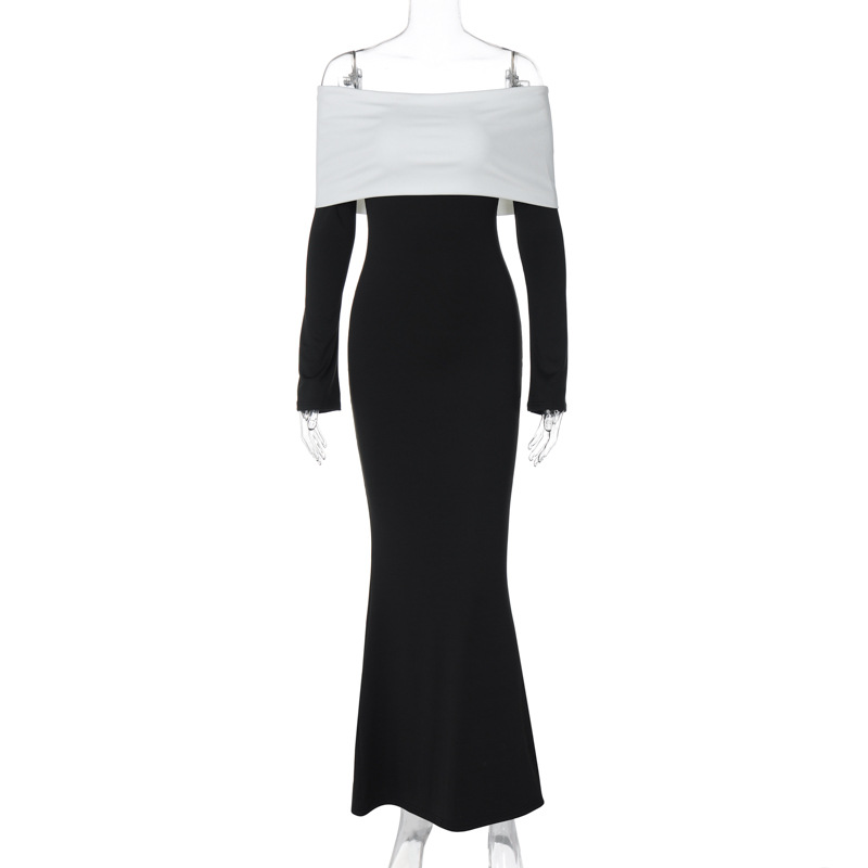 Ootddress Off-Shoulder Patchwork Slim Maxi Dress For Women Long Sleeve High Waist Elegant Backless Party Dress Female Autumn Outfit