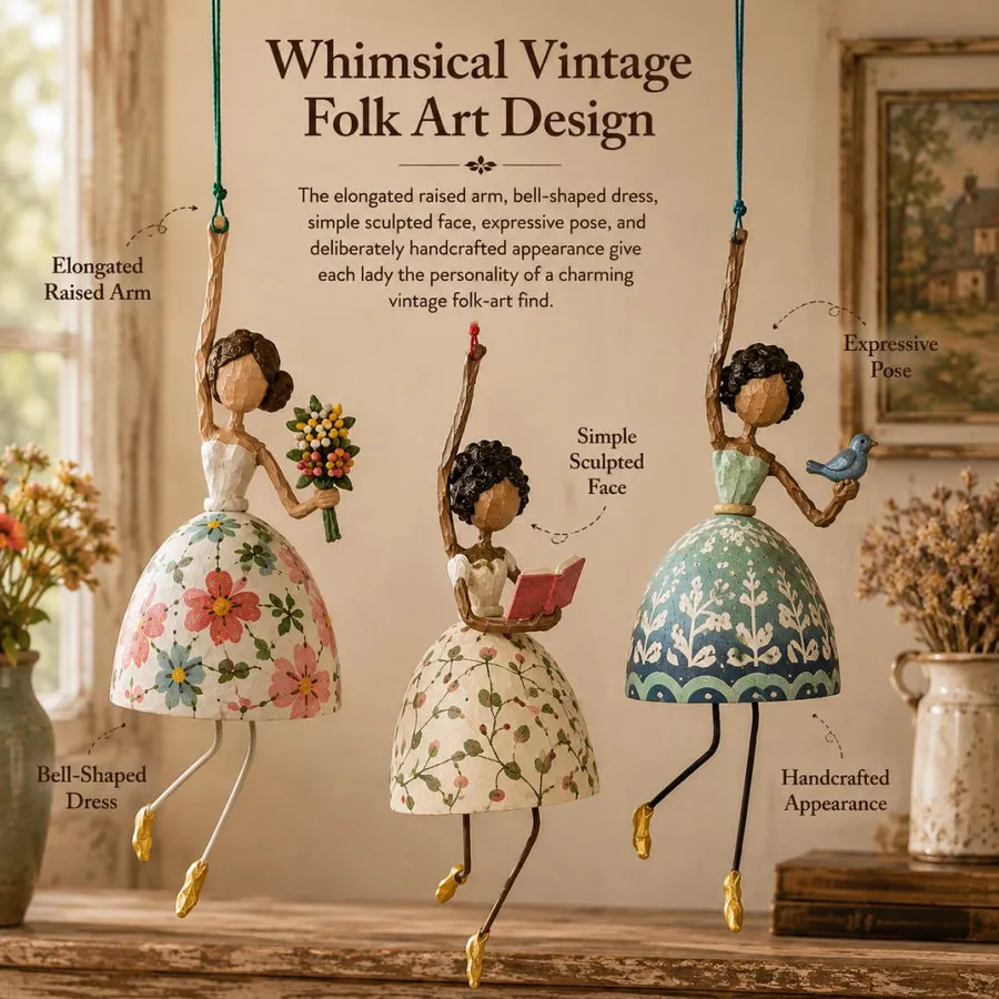 Vintage folk art details of Whimsical Dancing Lady ornaments