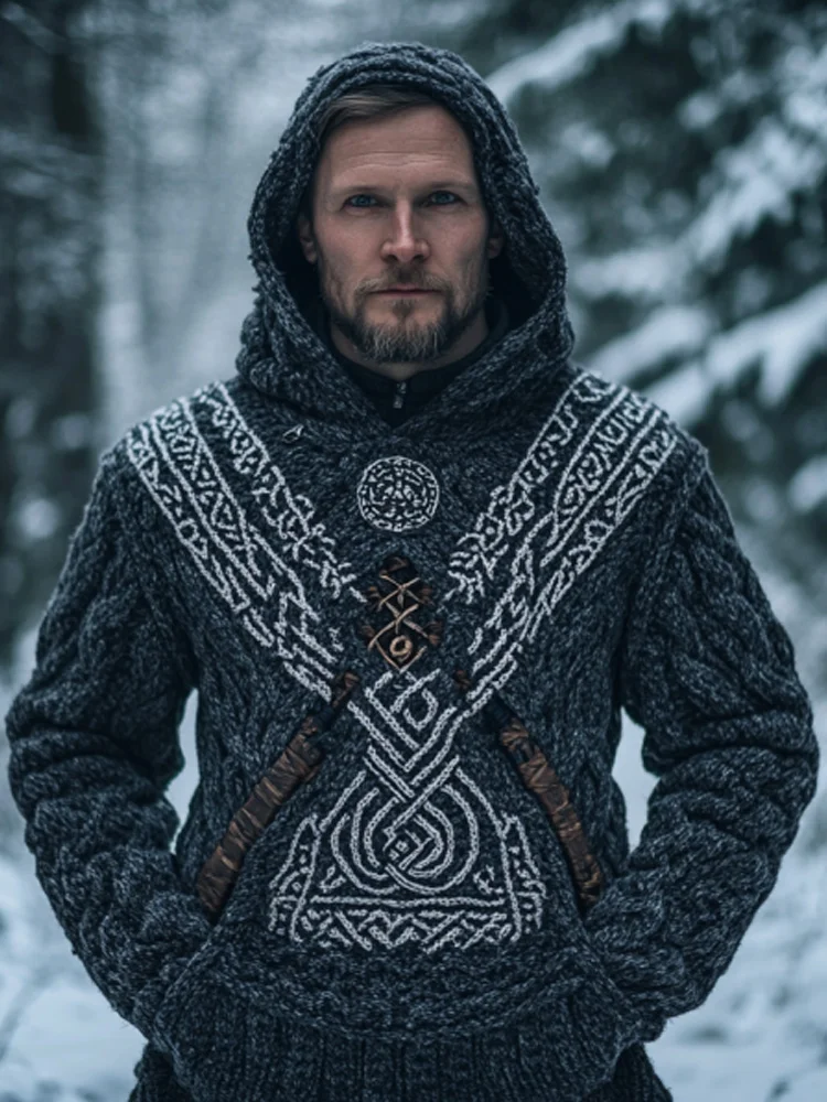 Men's Vintage Viking Inspired Celtic Jacquard Hooded Sweater