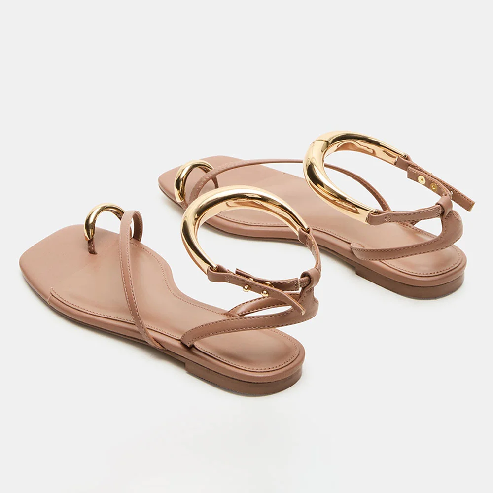 Casual Nude Flat Ankle Strap Toe Ring Sandals with Metal Decor