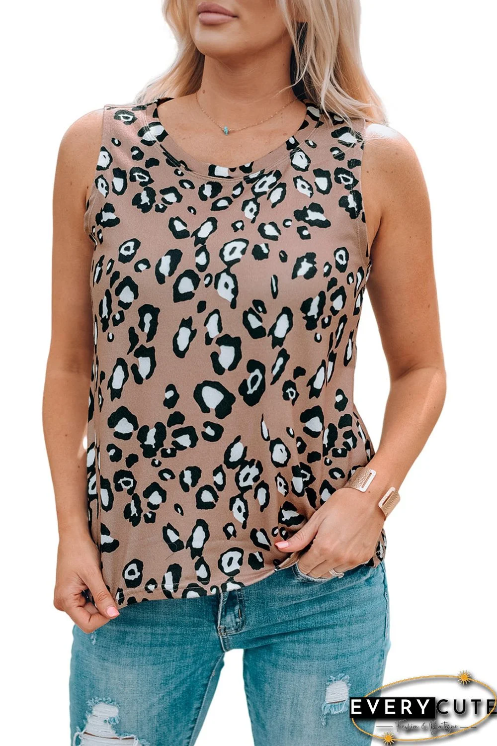 Leopard Print Crew Neck Tank Top