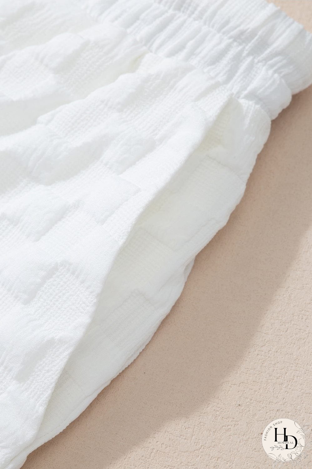 Chic White Textured V-Neck Top and Drawstring Shorts Ensemble