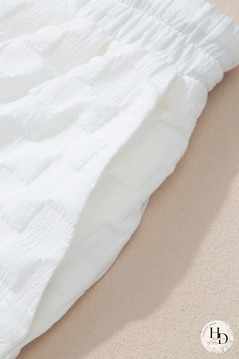 Chic White Textured V-Neck Top and Drawstring Shorts Ensemble