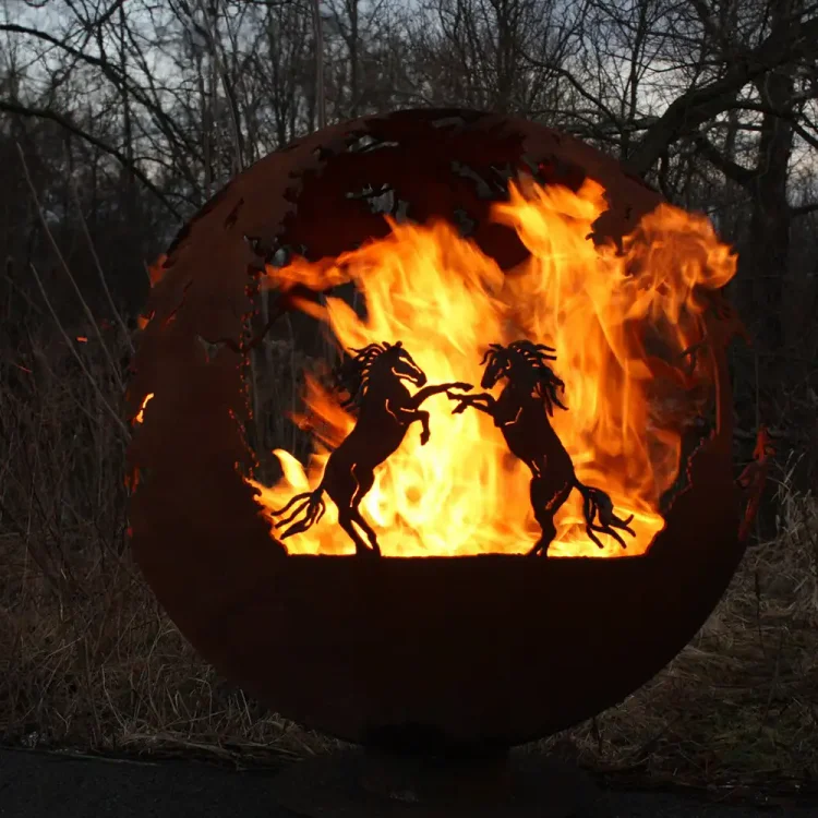 37"  Horse Fire Pit Sphere  Custom Corten Steel Sculpture, Large Outdoor Fire Bowl, Rustic Garden Patio Fireplace