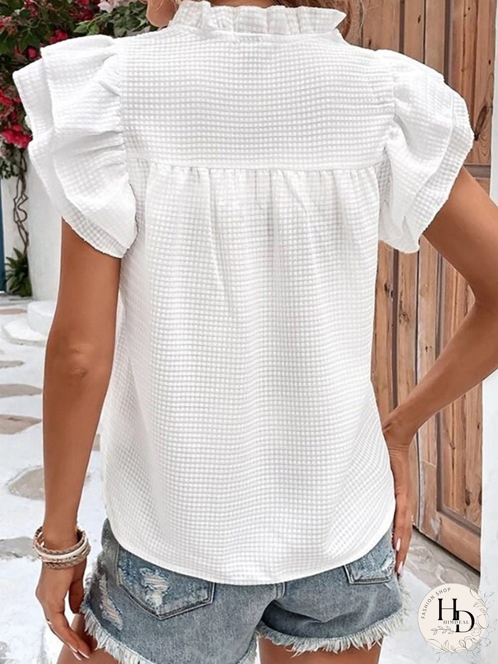White Waffle Knit Flutter Sleeve Blouse with Notch Neck Detail