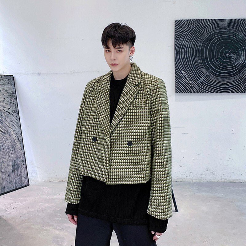 Woherb 2020 Autumn Men's Short Blazer Houndstooth Vintage Plaid Thick Streetwear Tops Green Double Breasted Fashion Dad Suit Jacket