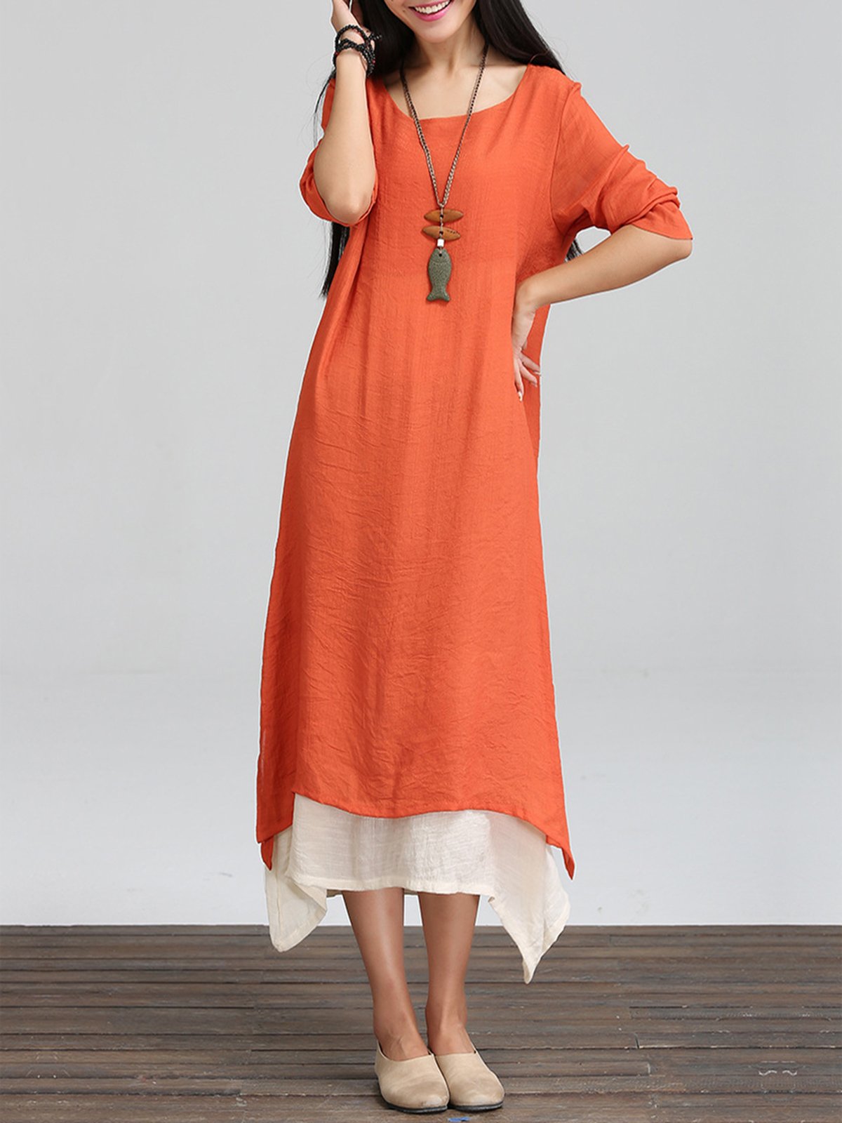 Long Sleeve Linen Cotton Crew Neck Casual Plus Size Dress