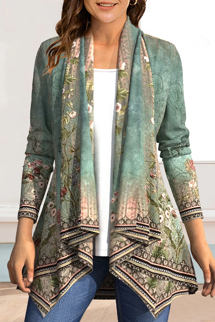 Flycurvy Plus Size Casual Green Boho Retro Floral Print Cascade Front Cardigan  Flycurvy [product_label]
