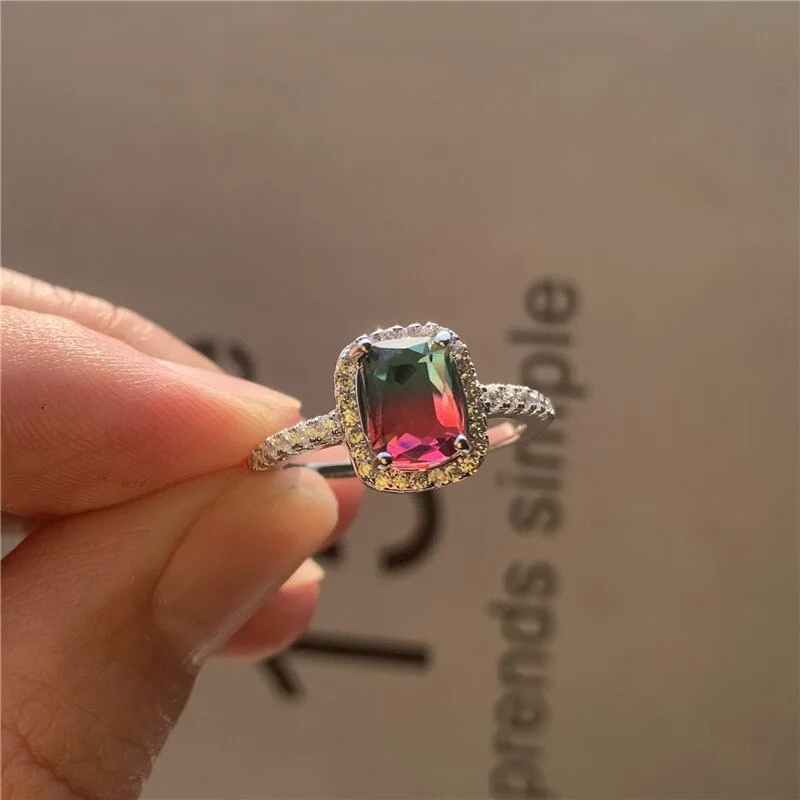 Charm Female Rainbow Crystal Stone Ring Trendy Silver Color Wedding Rings For Women Promise Square Zircon Engagement Ring