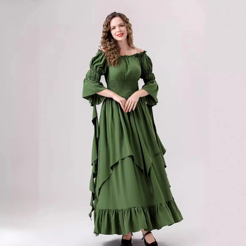 Halloween Medieval Renaissance Retro Dress Square Collar Bundle Waist Dress Stage Performance Costume