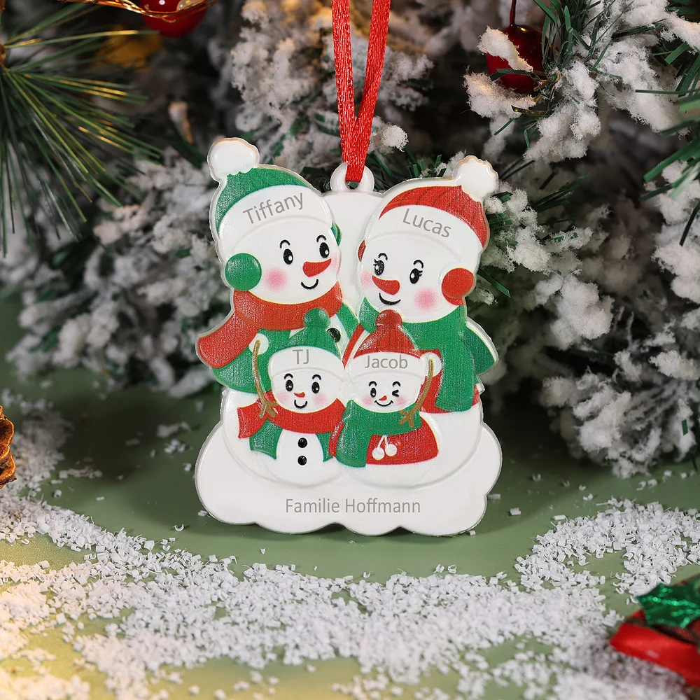Harz Personalisierte 4 Namen & Text Schneemann Weihnachtsornament Weihnachtsbaum Anhänger mit 4 Familienmitgliedern