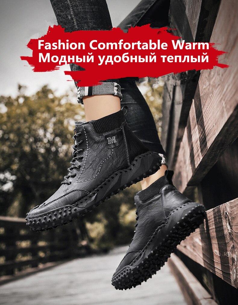 Men Ankle Boots Winter Warm Snow Boots Thick Plush Men Handmade Leather Boots Outdoor Waterproof Work Boots shopify Stunahome.com