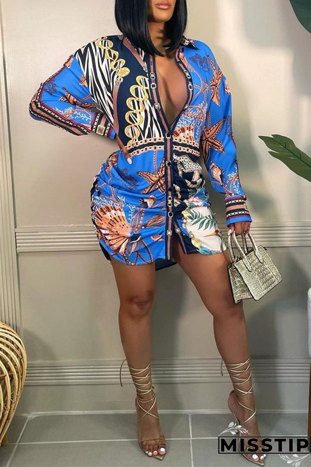 Blue Casual Print Fold Turndown Collar Long Sleeve Dresses