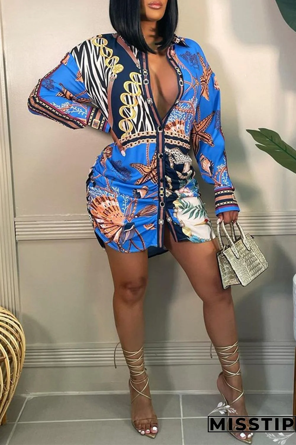 Blue Casual Print Fold Turndown Collar Long Sleeve Dresses