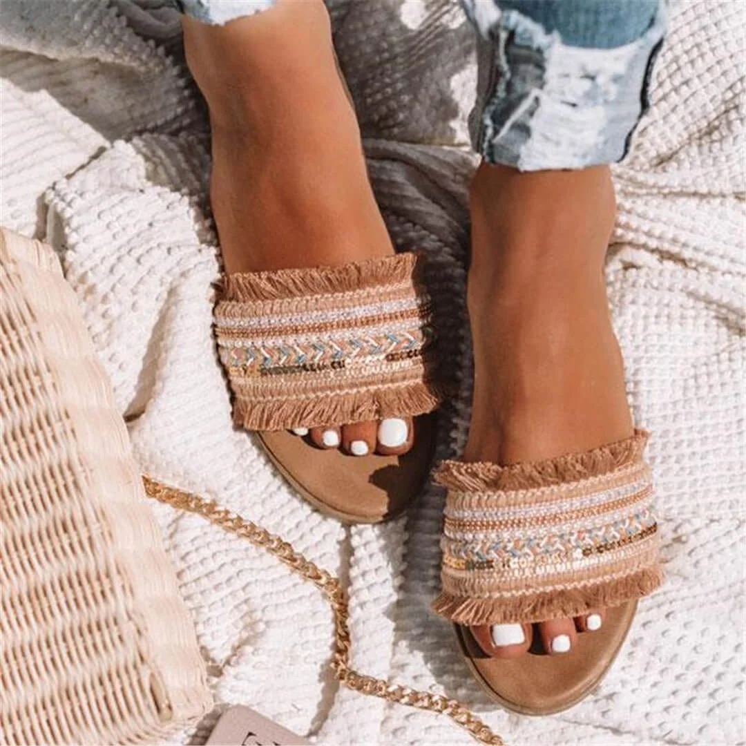 Qengg Size 42 43 Summer Women Slippers Rome Style Outside Beach Shoes Flat with Weaving Slides Mules Shoes Women Sandals