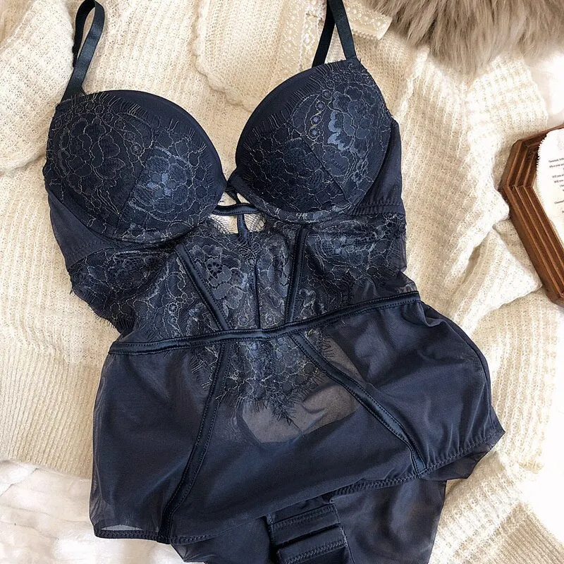 Sexy strappy design one-piece bra set see-through mesh steel ring gathered body shaping underwear embroidery lace lingerie