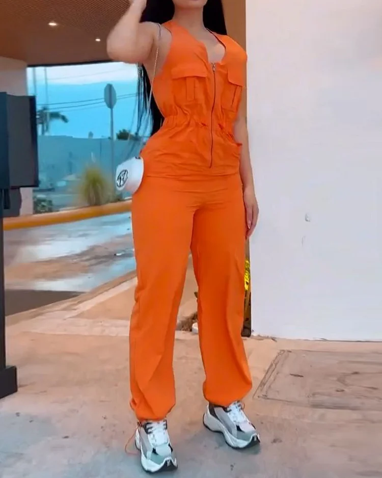 Sleeveless waist solid color jumpsuit