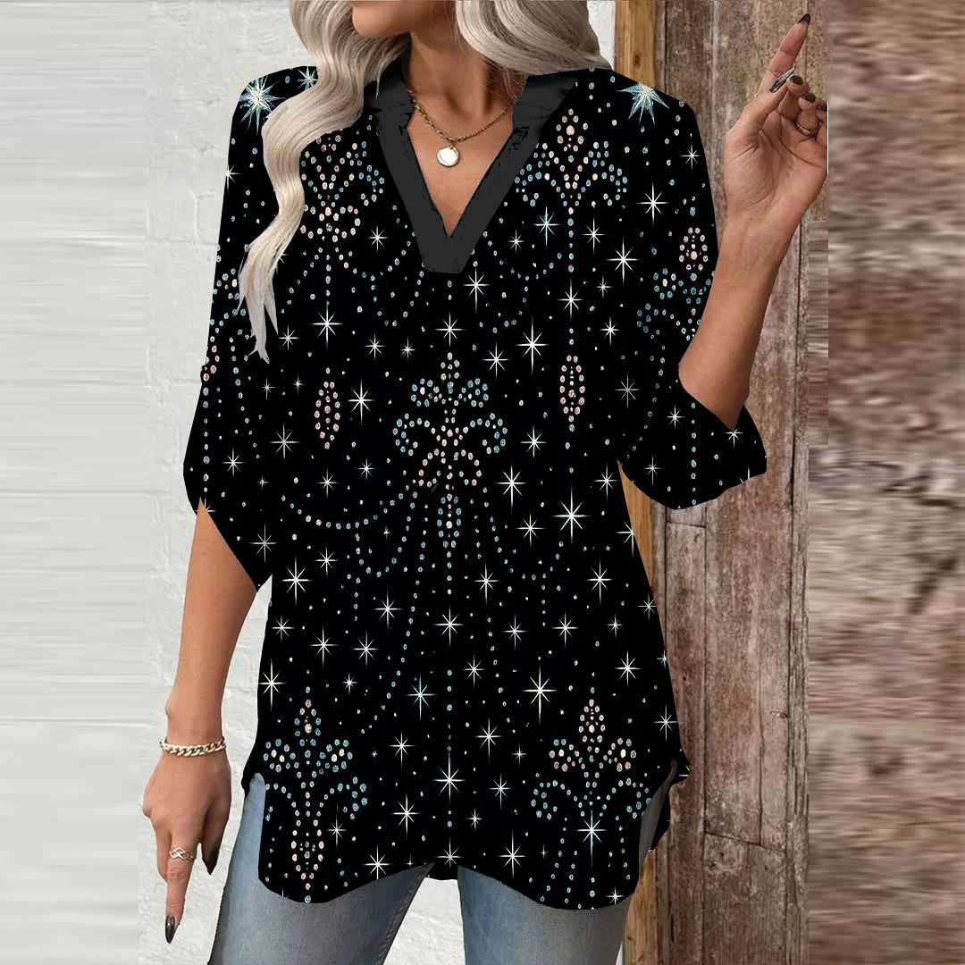Women Polka Dot, Black DZGA0346 3/4 Sleeve V-neck Printed Graphic Button Tops