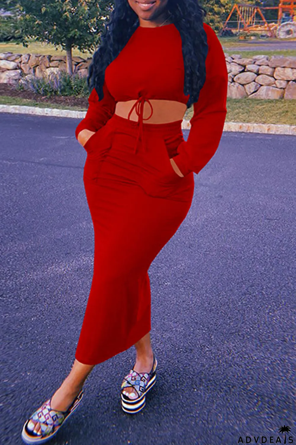 Blue Casual Solid Split Joint O Neck Long Sleeve Two Pieces