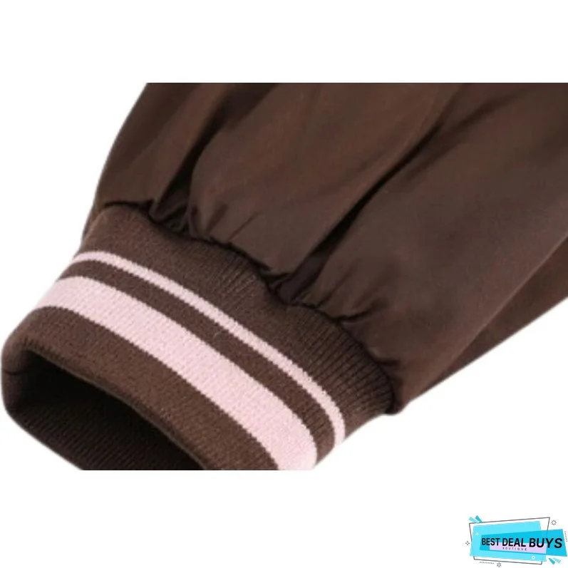 Retro Pink Color-Block Short Baseball Jacket