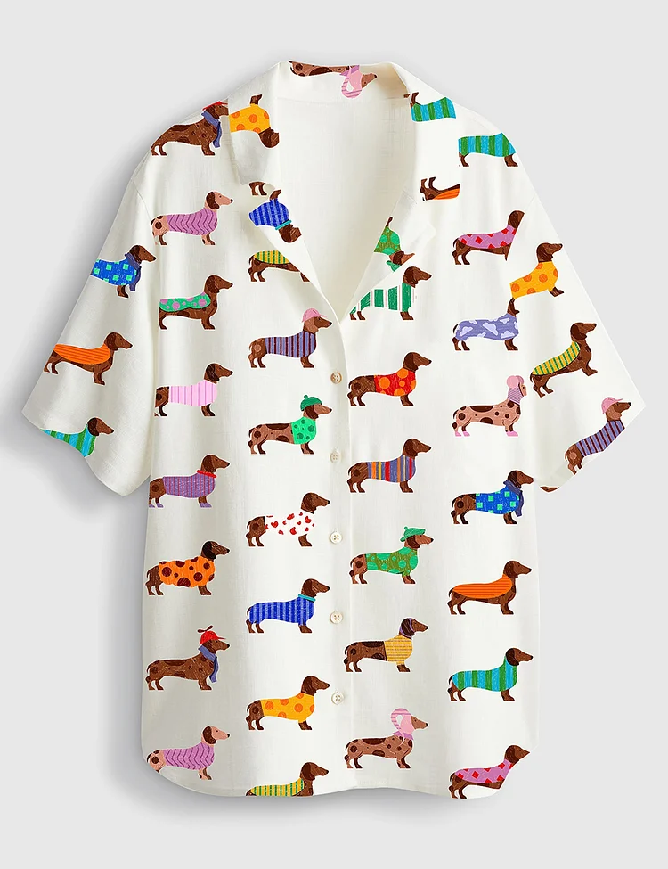 Women&rsquo;s Dachshund Cute Dog Short Sleeve Linen Blend Hawaiian Shirt