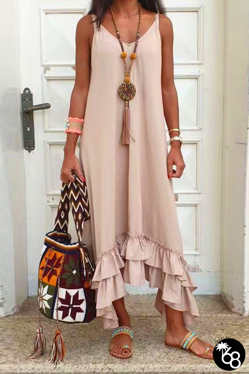 Casual Simplicity Solid Patchwork Flounce V Neck Sling Dress Dresses | 168DEAL