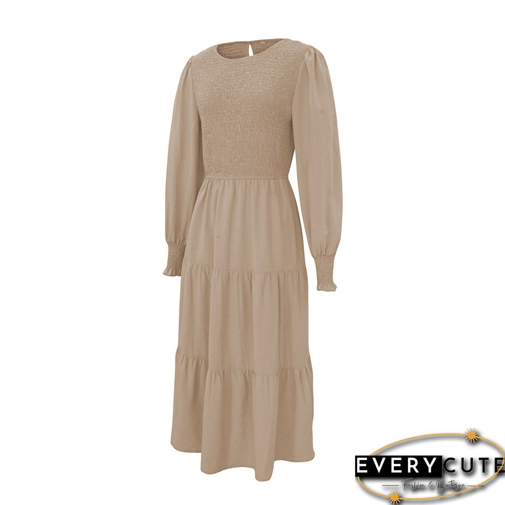 Khaki Crew Neck Smocked Swing Midi Dress