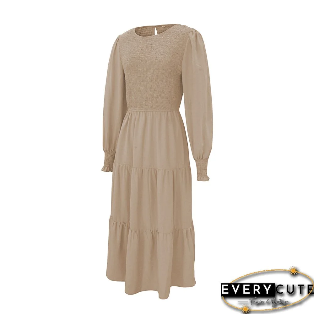Khaki Crew Neck Smocked Swing Midi Dress
