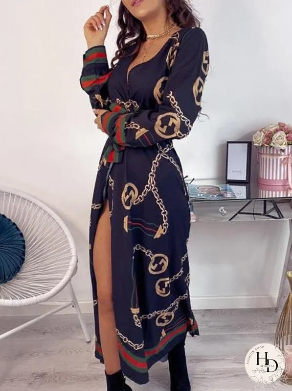 Deep V Slit Maxi Dress With Printed Belt for Women