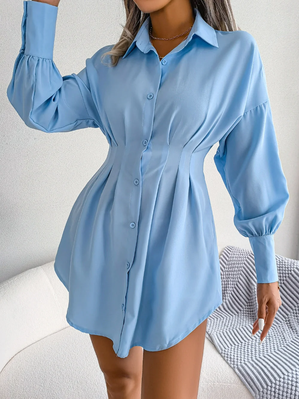 Woherb Casual Lantern Sleeve Waist-tight Asymmetric Shirt Women's Dress
